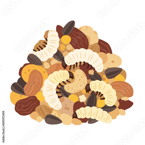 Colorful illustration of a pile of mixed nuts, seeds, and mealworms.