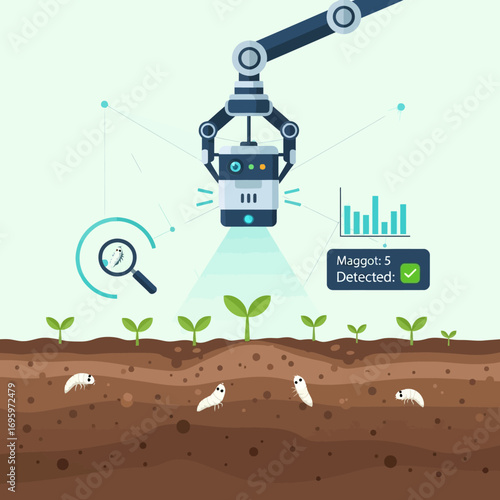 Advanced agricultural technology featuring an AI-powered robot meticulously scanning soil to detect pests for smart farming automation