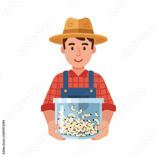 Vector illustration of a friendly farmer holding a jar of black soldier fly larvae for sustainable agriculture and animal feed