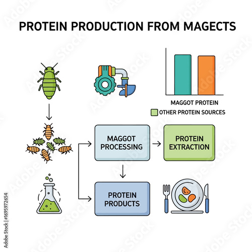 Illustration showing the process of protein production from maggots, including processing, extraction, and resulting protein products.