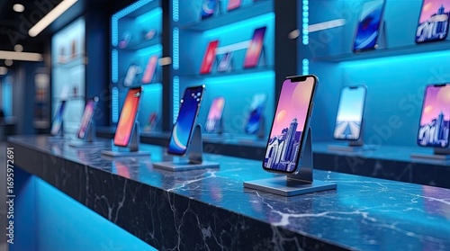 Sleek modern electronics store showcases vibrant smartphones on illuminated shelves, capturing cutting-edge technology and consumer desire for innovation.