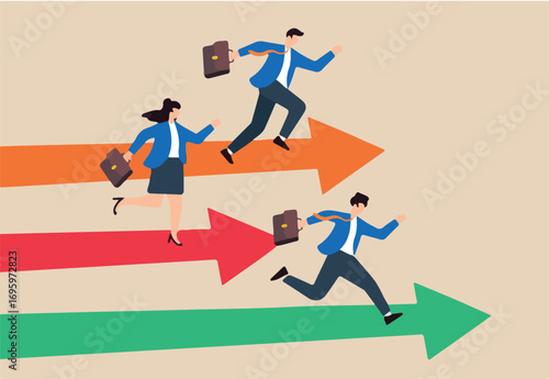 Flat illustration of businessman and businesswoman race on arrow track symbolizing competition to achieve sales and performance goal