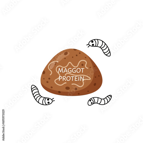 Illustration of a brown, textured food item labeled "Maggot Protein" with cartoon maggots.