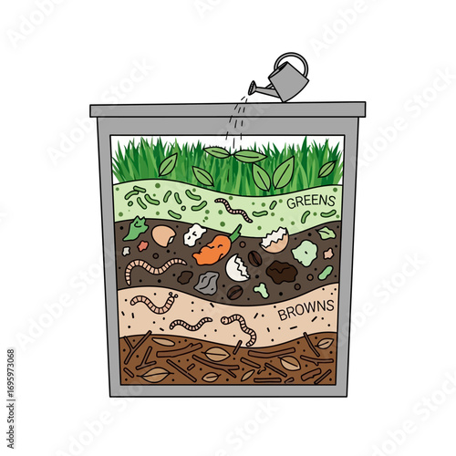 A cross-section illustration of a compost bin showing layers and watering process.