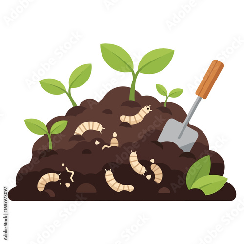 Young seedlings sprouting from rich soil teeming with beneficial insects, a gardening trowel rests nearby.