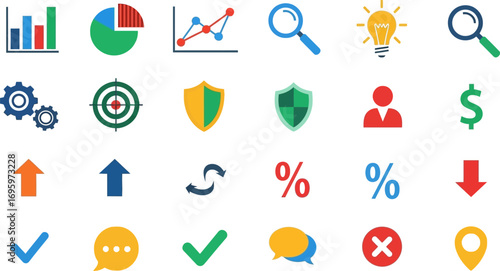 Collection of colorful flat icons representing business, finance, and strategy concepts.