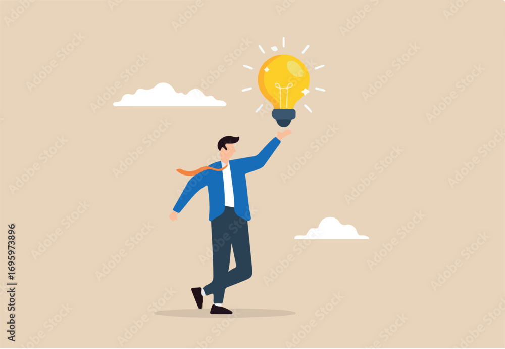 Obraz premium Flat illustration of businessman hold bright lightbulb creativity finding inspiration solution expert solving problem leader giving advise professional help eureka moment