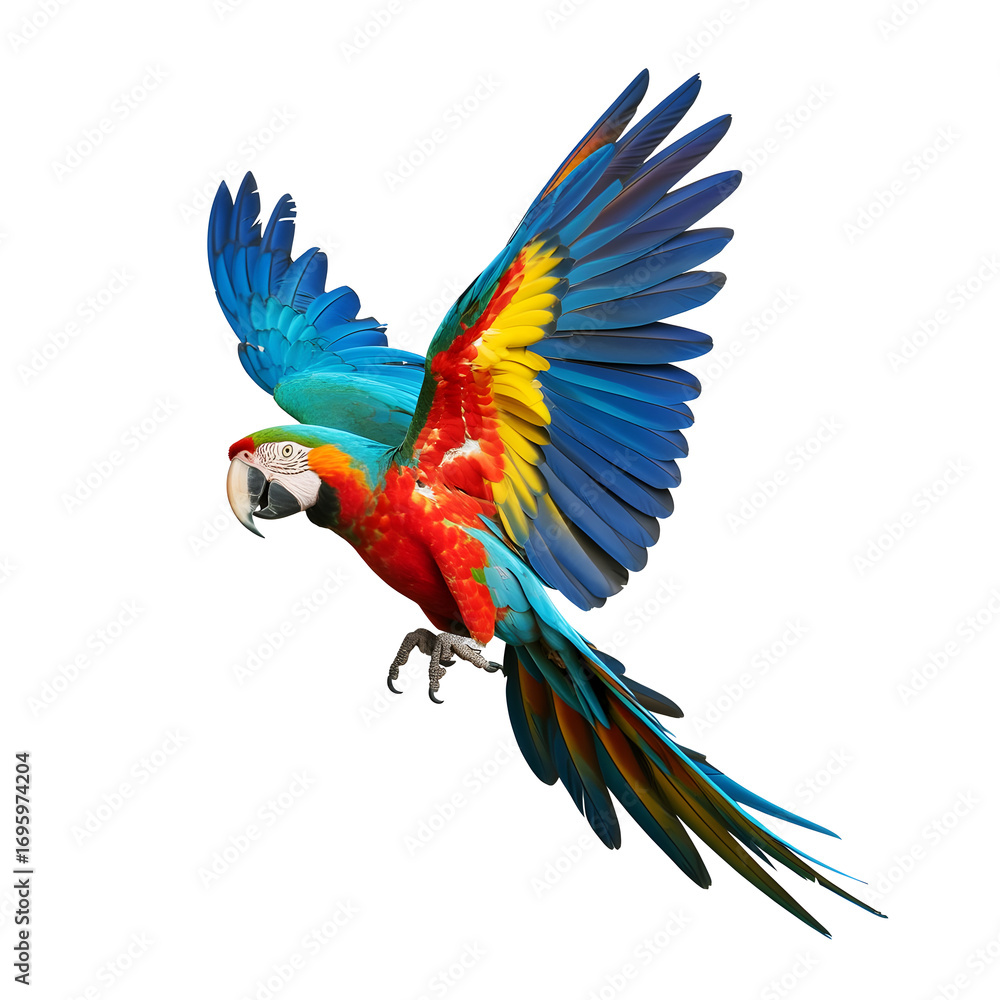 Fototapeta premium Colorful blue and yellow macaw parrot perched on a tropical branch Transparent Background