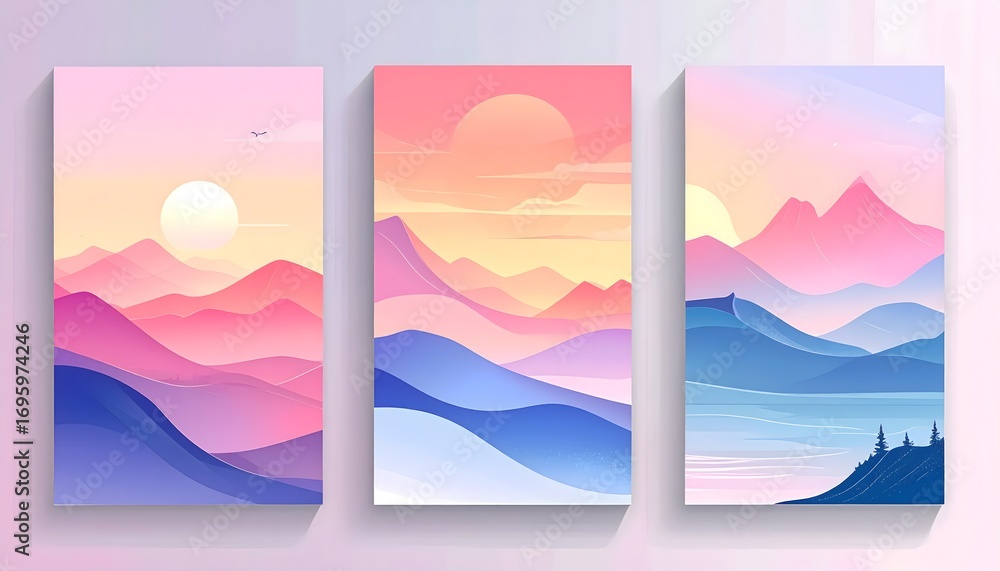 Fototapeta premium Set of three vibrant minimalist landscape illustrations featuring majestic mountains under a beautiful sunrise or sunset sky, adorned with serene colorful gradient hues and a tranquil aesthetic