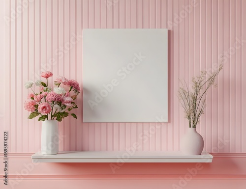 Modern pastel room with peach wall, pink paneling, decorative vase, and an empty framed canvas.