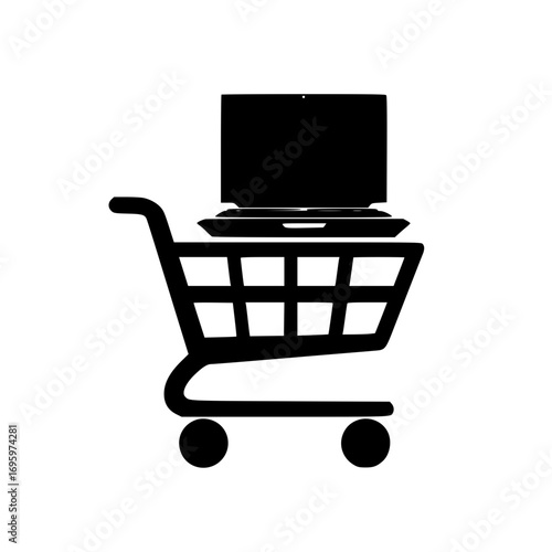 shopping cart with laptop icon vector for computer supplies shop and online marketplace