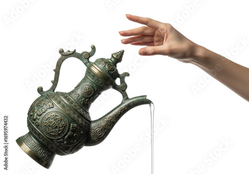 Elegant female hand precisely tilting an ancient verdigris bronze ewer, pouring glowing opalescent liquid against a transparent background, concept of ancient ritual and mysticism