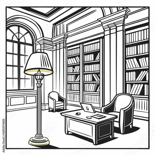 Illustration of a classic library interior, featuring bookshelves, a desk with a laptop, and a lamp in a vintage style drawing