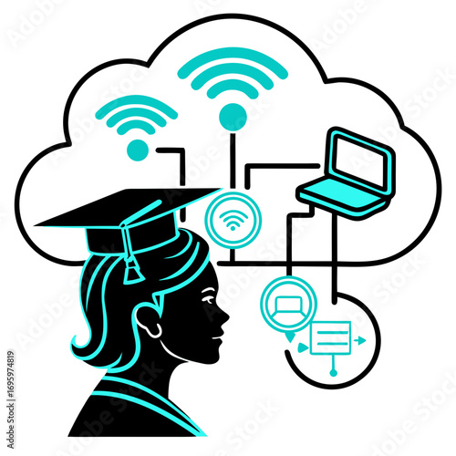 Illustration of a graduate student connected to a cloud network, symbolizing online education and digital learning