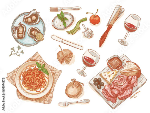 Rustic European Food Vector Art – Tomato, Bread, Pasta, Wine, Cozy Dinner Scene