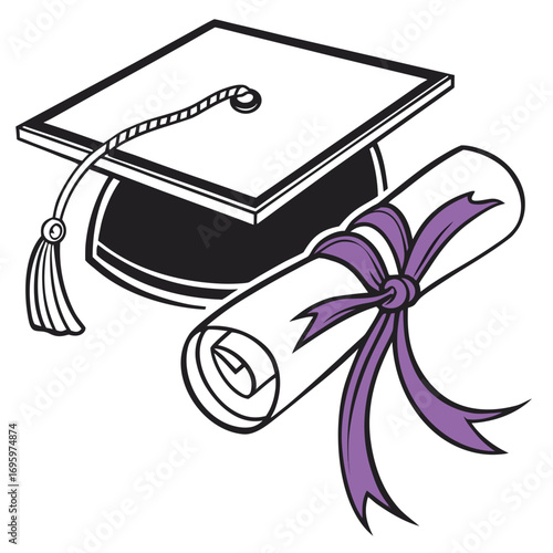 Illustration of a graduation cap and diploma, representing academic success and the attainment of a higher education degree