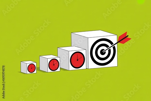 Achieve Goals On Time: Modern Minimalist Business Illustration of Target and Clocks Showing Growth and Progress.