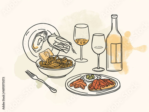 Vintage Restaurant Menu Illustration – Wine and Food Pairing, Hand-Drawn Vector Style