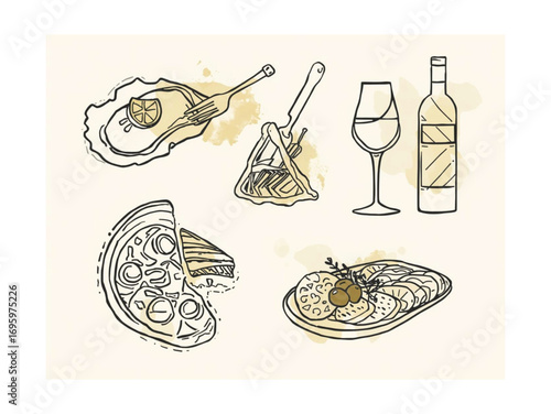 Gourmet Food and Wine Vector Set – Italian Cuisine, Pasta, Pizza, Fine Dining Illustration