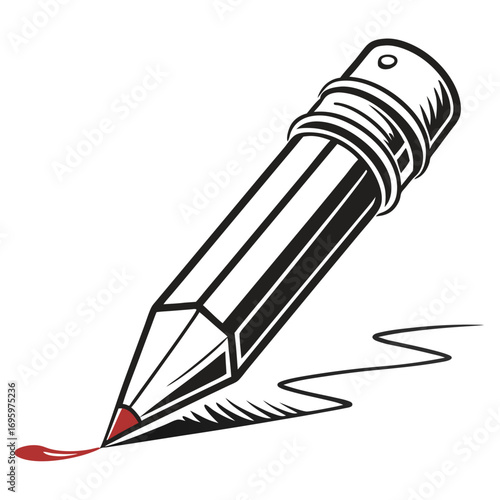 Illustration of a pencil with a red tip, a tool for writing, drawing, and sketching, commonly used in schools and offices
