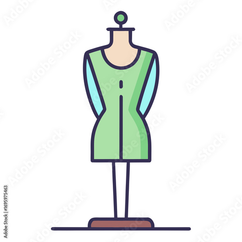 Stylized fashion mannequin with green dress and light blue sleeves