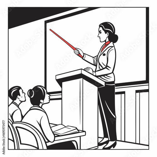 Illustration of a teacher giving a lecture to students in a classroom, suitable for educational content