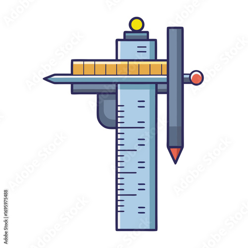 Stylized illustration of a caliper measuring tool with a pencil attachment