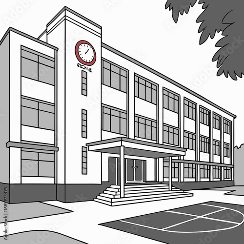 Illustration of a twostory school building with a clock tower, showcasing architectural details and a welcoming entrance