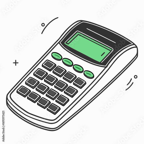 Illustration of a white and gray calculator with a green screen the calculator has a keypad