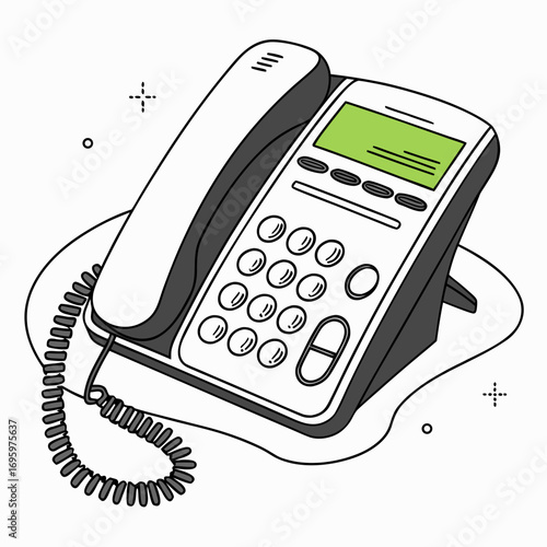 Illustration of a white and gray landline phone with a green screen the phone has a coiled cord and a keypad