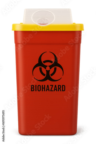 Red biohazard medical waste container on transparent background