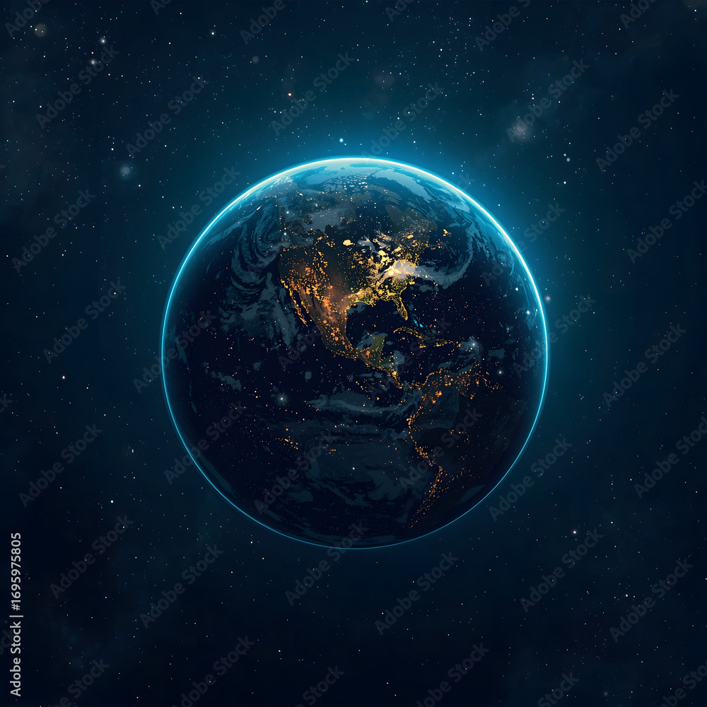 Obraz premium Our vibrant blue globe floats through the cosmos, a beacon of life and nature amidst the endless night of stars and galaxies