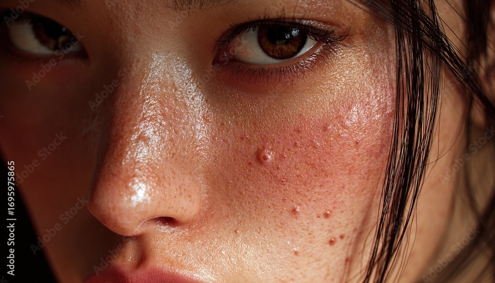 Naklejka premium Close-Up of Acne and Oily Skin Texture on Face