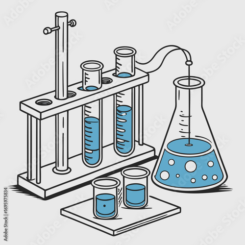Illustration of laboratory equipment including test tubes, flasks, and connecting tubes, symbolizing scientific research and experimentation
