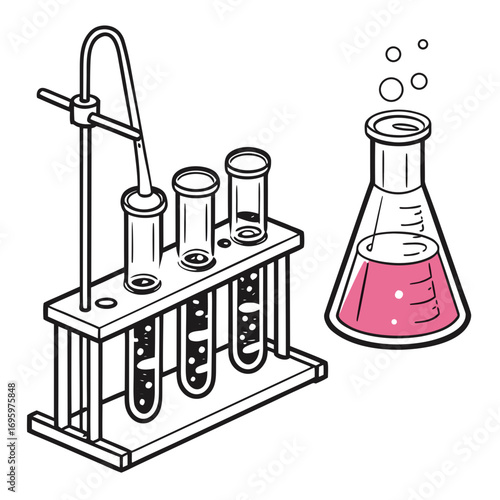 Illustration of laboratory equipment including test tubes in a rack and an erlenmeyer flask with pink liquid