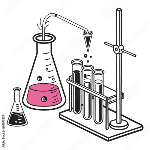 Illustration of laboratory equipment, featuring flasks, test tubes, and stands, used for scientific experiments and research