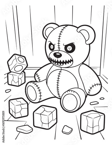 Evil Teddy Bear Creepy Halloween Line Art Coloring Page