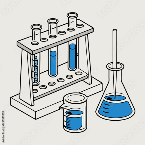 Illustration of laboratory glassware including test tubes, flasks, and beakers, representing scientific research and experimentation