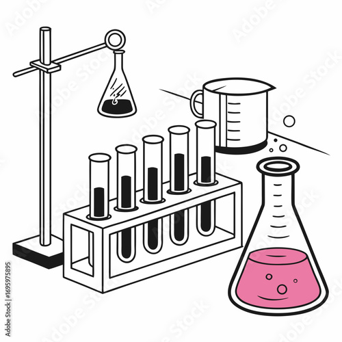 Illustration of laboratory equipment with test tubes, erlenmeyer flask with pink liquid, and beaker