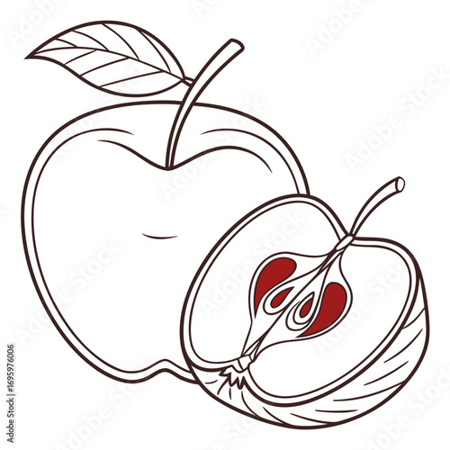 Illustration of two apples, one whole and one sliced in half, the drawing is simple and clean, with a modern feel