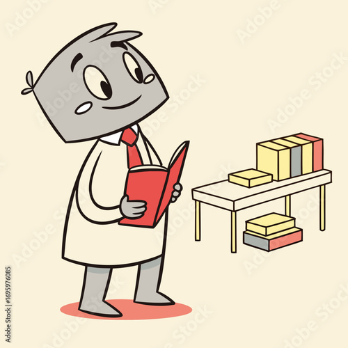 Vector art of a cartoon character with a pillowshaped head is reading a book near a table with stacked books