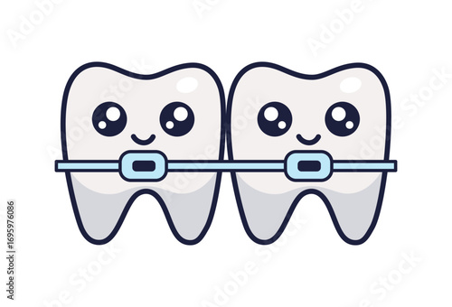 Braces Teeth kawaii characters. Alignment of Bite of Teeth. Vector icon isolated. Manga style