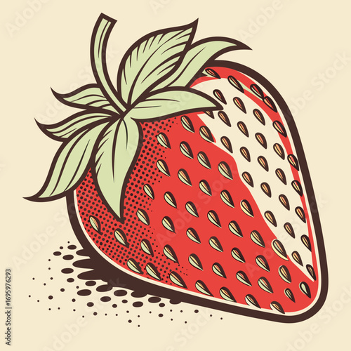 Vector art of a charming strawberry illustration in a retro pop art style, featuring strong contours, halftone shading, and a clean background for a classic look