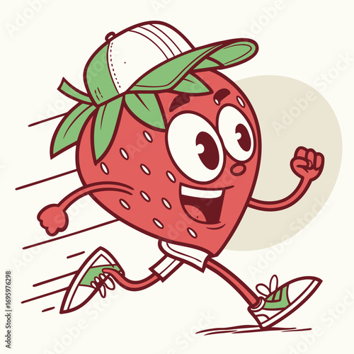 Vector art of a cheerful strawberry cartoon character wearing a cap runs with motion lines indicating speed