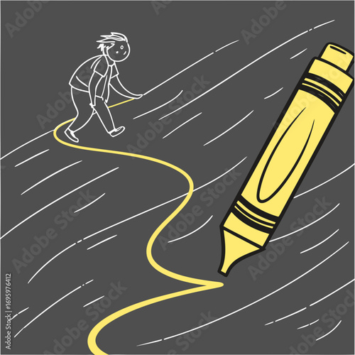Vector art of a child is drawing a yellow line on the asphalt with a large crayon, creating a path for them to walk on, symbolizing creativity and imagination