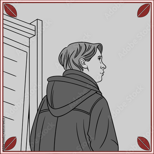 Vector art of a contemplative young man in winter attire stands near a doorway, his gaze directed towards the distance, evoking a sense of introspection and anticipation