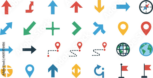 Collection of diverse navigation and directional icons for maps and direction finding