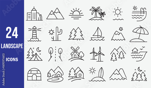 Collection of stylized landscape and nature icons city mountains