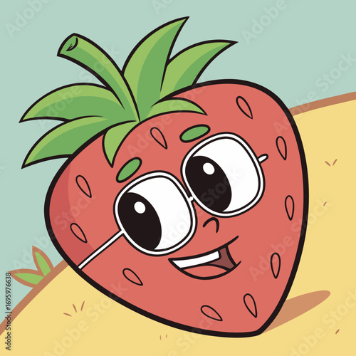 Vector art of a delightful strawberry cartoon character wearing glasses, smiling brightly against a playful background, ideal for childrens illustrations and educational content