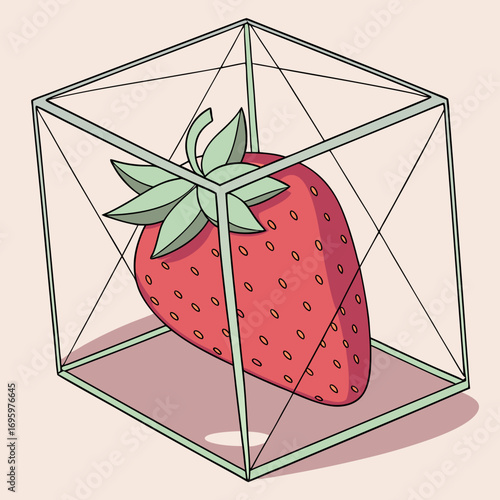 Vector art of a delightful illustration showcases a vibrant strawberry encased within a geometric glass cube, casting soft shadows on a pale background, creating a modern aesthetic